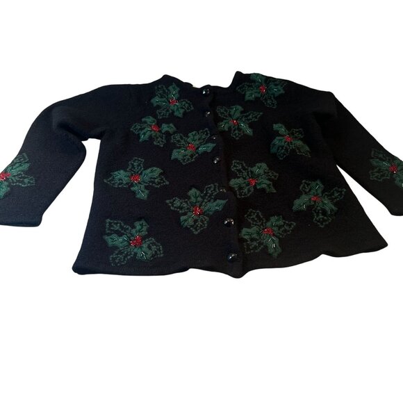 Appleseeds Poinsettia Christmas Cardigan Women Holiday Wool Blend Sweater - Picture 1 of 12